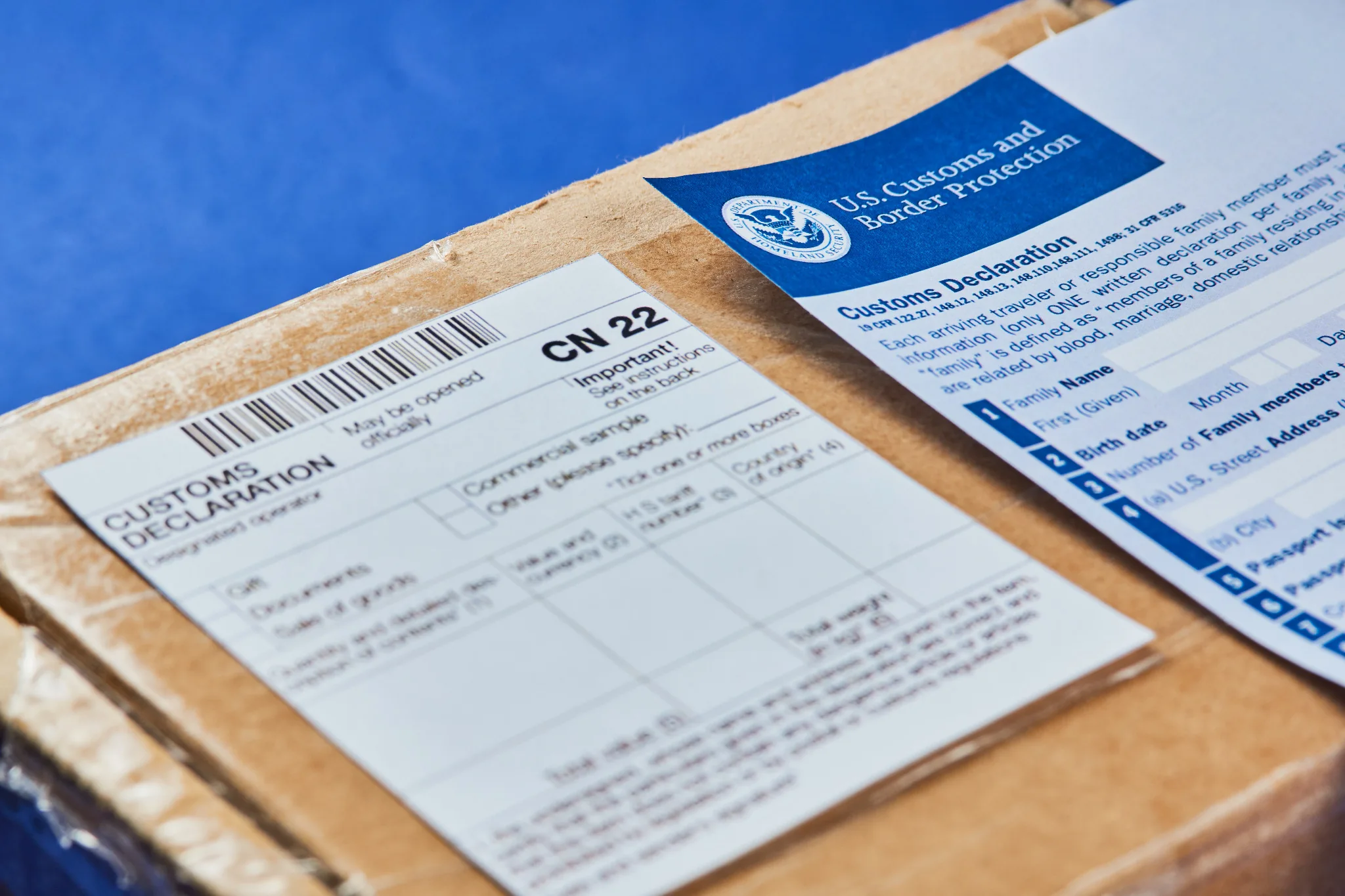 Customs declaration documents attached to a shipment