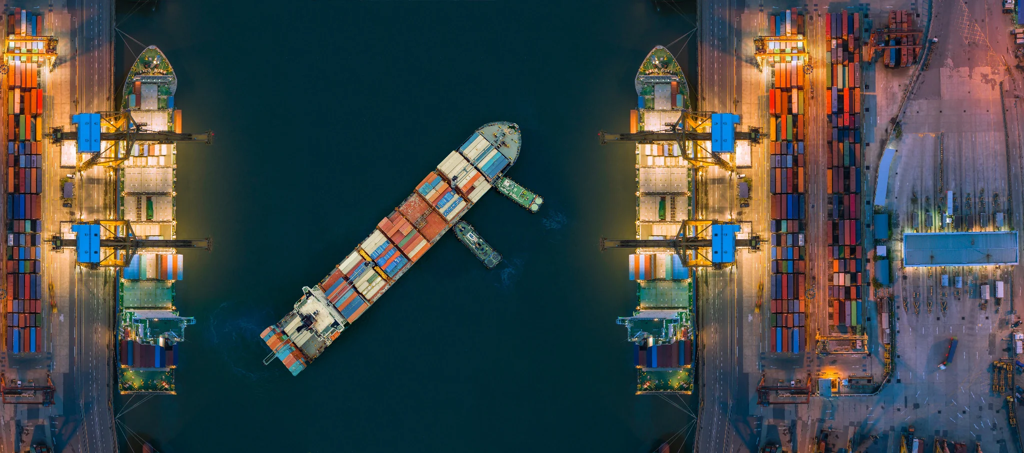 Aerial night view of a container vessel working at a terminal