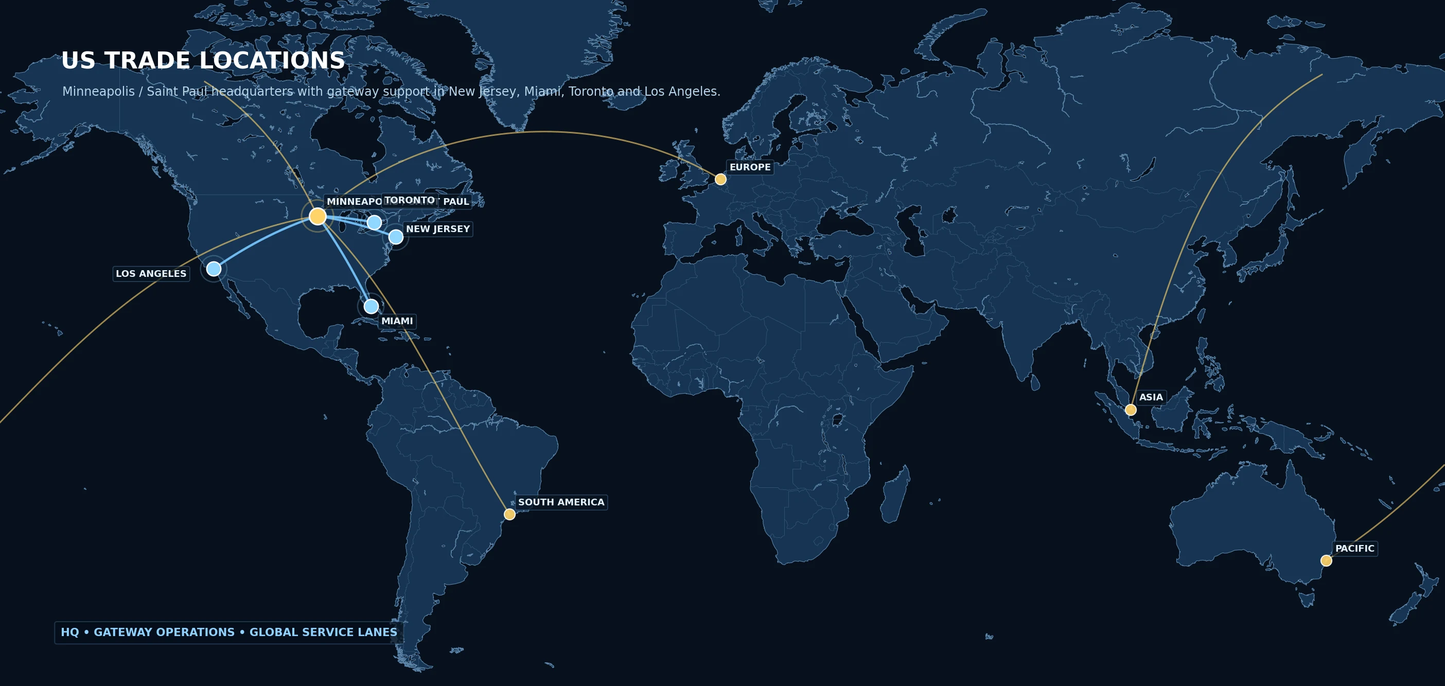 Map of US Trade headquarters and gateway operating locations